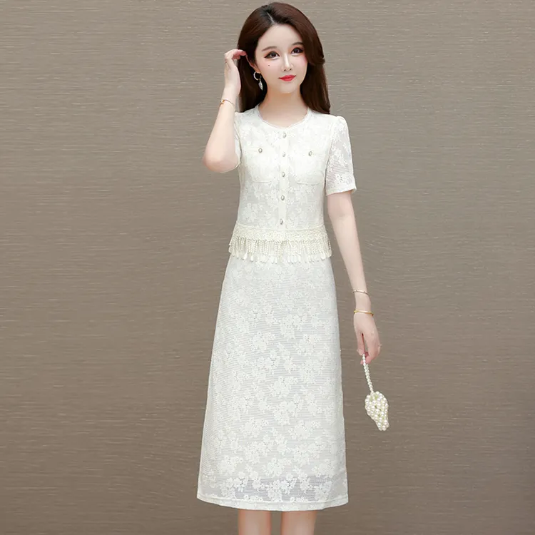 中长连衣裙蕾丝显瘦气质白色夏季修身小个子洋气时尚法式收腰名媛