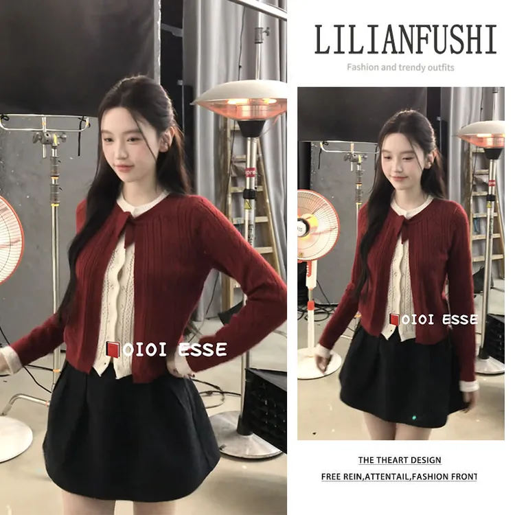 今年流行穿搭2026新款假两件红色长袖针织开衫显瘦花苞短裙两件套