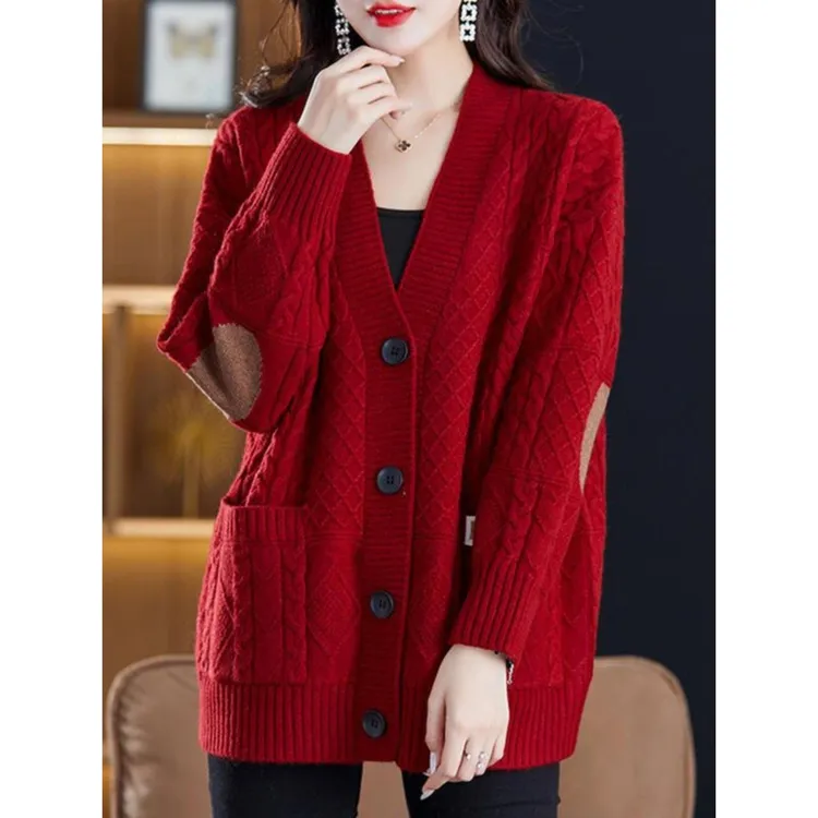 新款春秋妈妈毛衣外套女士洋气口袋宽松遮肚显瘦针织V领开衫上衣