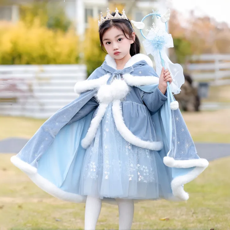女童冰雪奇缘艾莎公主裙秋冬加绒斗篷连衣裙小女孩生日礼服高端