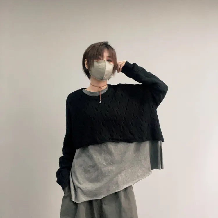 S008 氛围感老钱风高级时髦巨短毛织长袖 T恤小众设计感