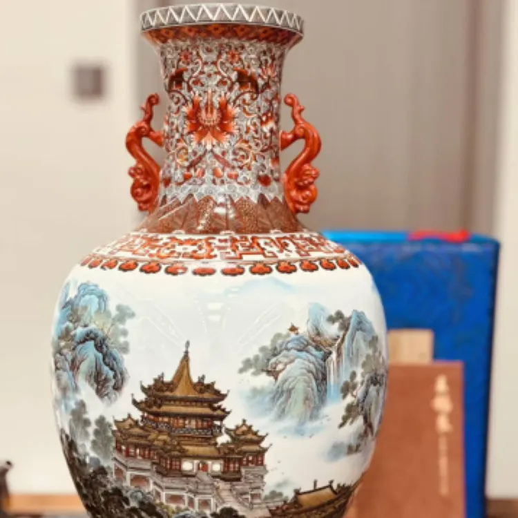 景德镇陶瓷王锡良老师作品《江山万里双耳尊》礼盒证书收藏摆件