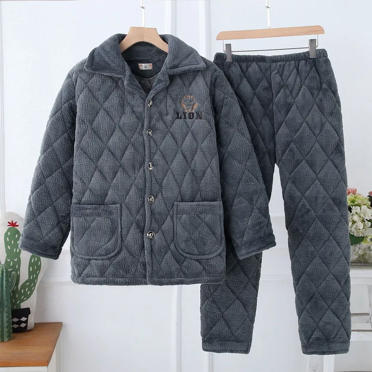 加绒加厚长毛青年加厚冬季衣男三层夹棉加厚宽松高档特厚保暖睡衣