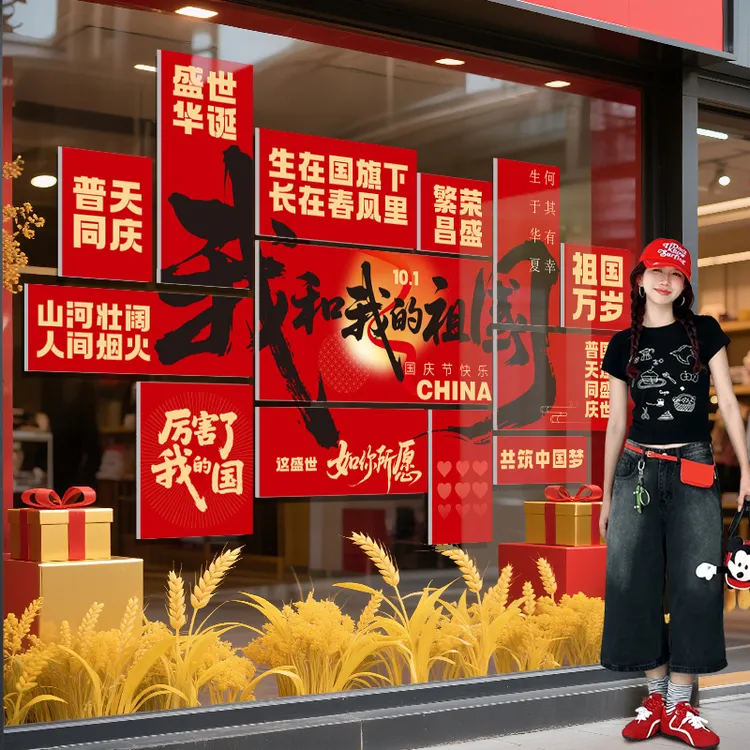 国庆中秋节爱国主题文化墙氛围场景布置装饰打卡拍照背景墙kt展板