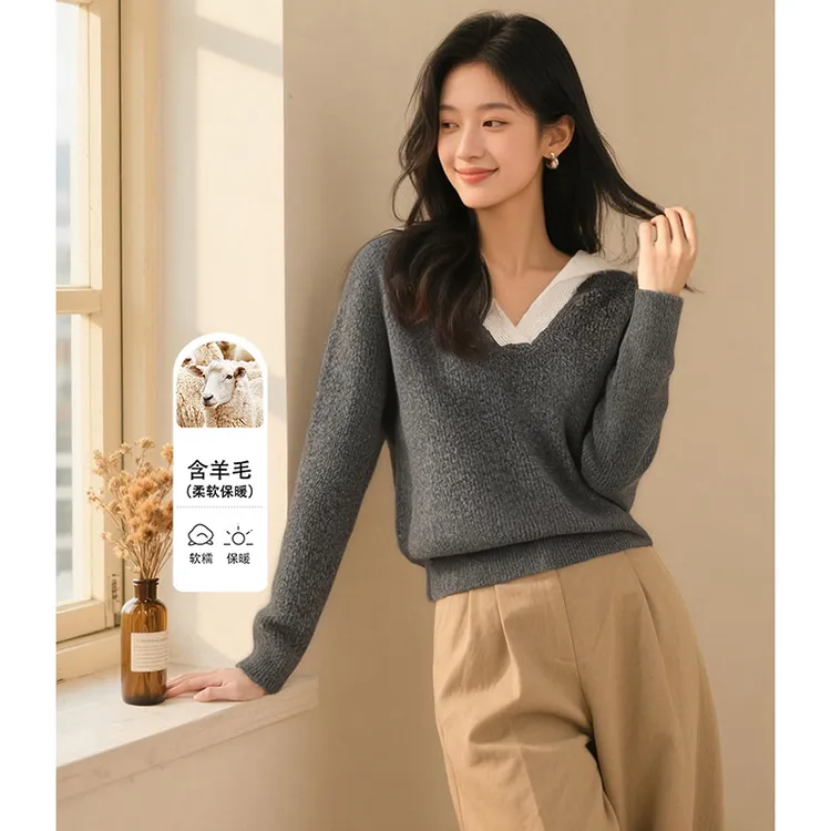 【新品】2025款毛衣翻领拼色含针织衫女25070514