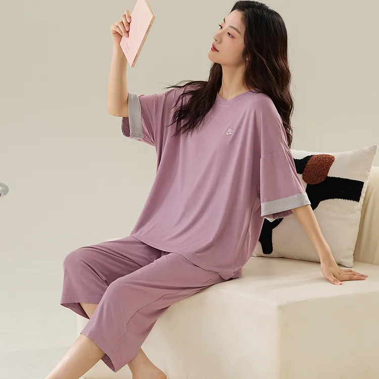 100%莫代尔夏季睡衣女2025新款短袖七分裤大码宽松休闲家居服套装
