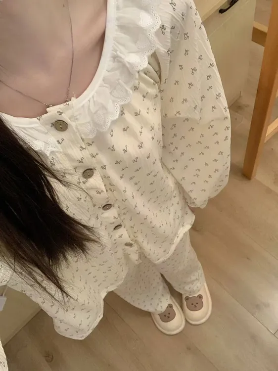 睡衣女春秋季薄款甜美蕾丝花边百搭可爱宽松韩版设计感家居服套装