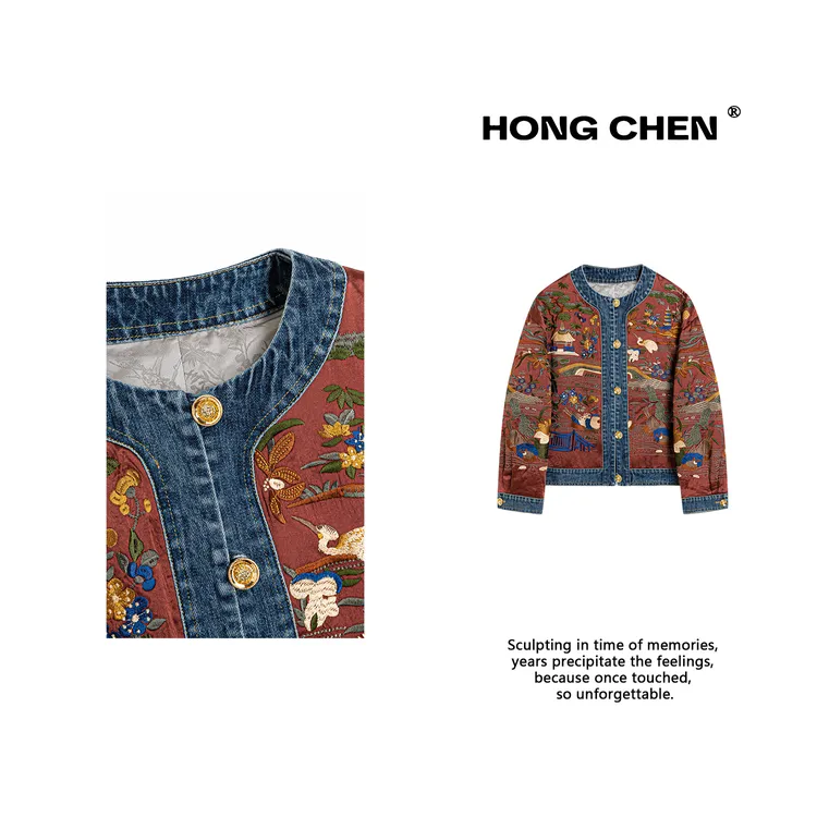 【虹辰】高端时尚重工加棉刺绣金扣百搭高级感休闲牛仔外套--HC2783