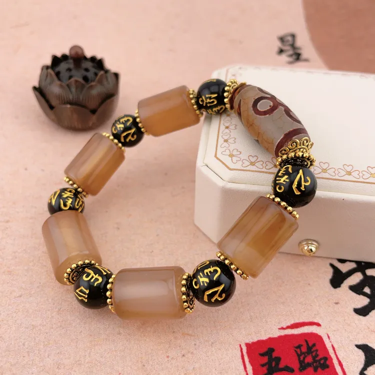 正品玛瑙手链大气时尚百搭稳重五眼闪电桶珠男士玉石手串G12-2