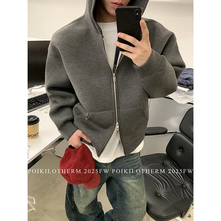 PLTH*灰色重磅开衫卫衣男美式cleanfit双拉链秋季连帽拉链外套潮