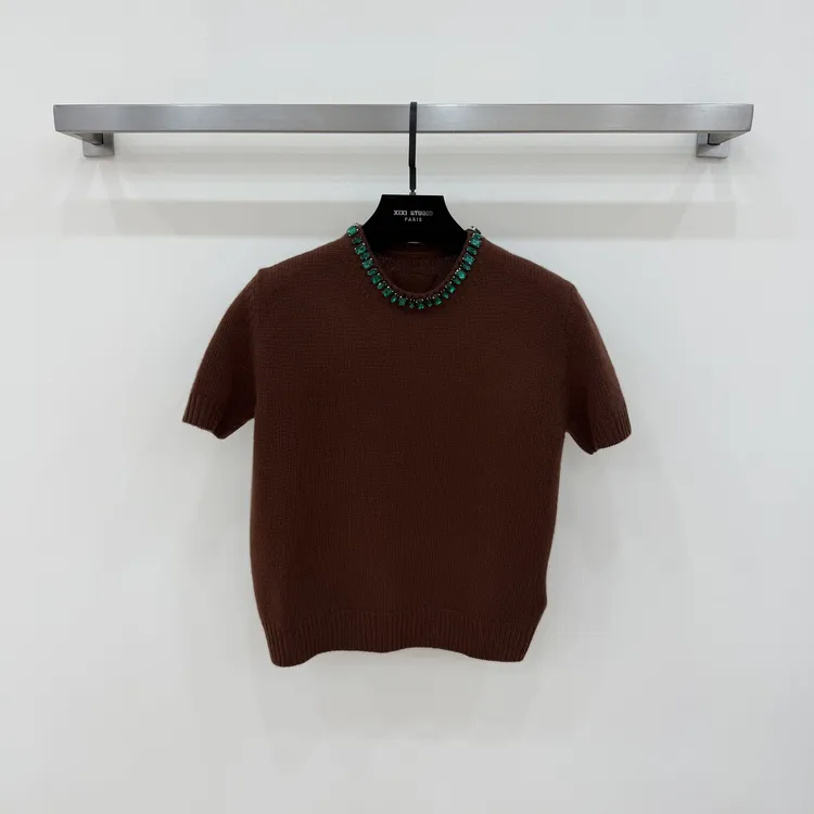 【西西高定】复古重工领口水钻短袖针织上衣打底