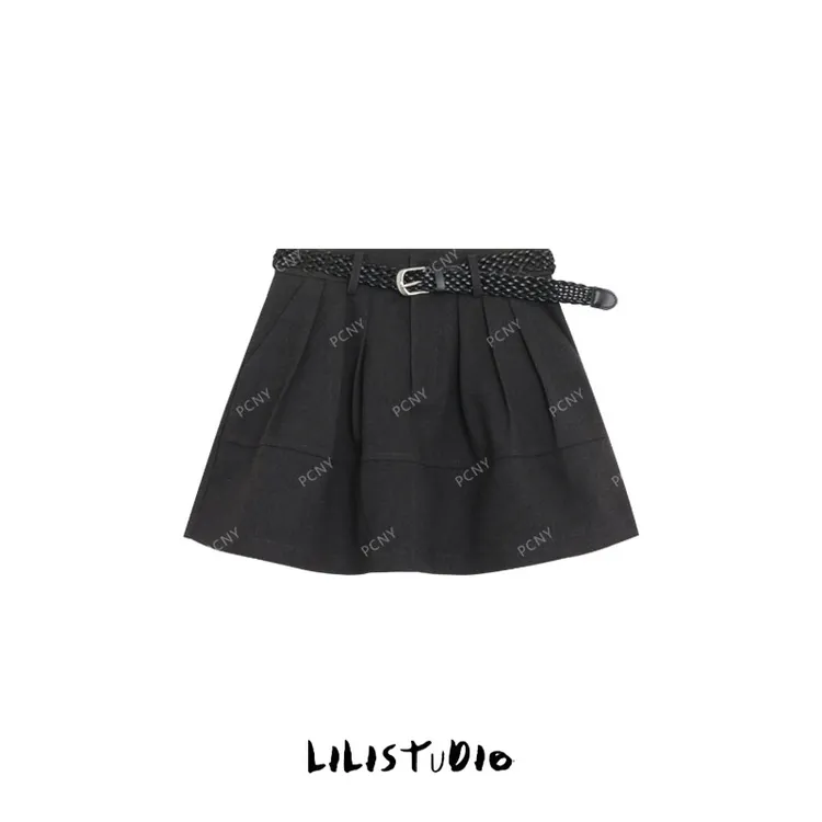 PCNY不理理“雾灰百褶”韩系百搭休闲学院风设计感A字半身裙女短裙