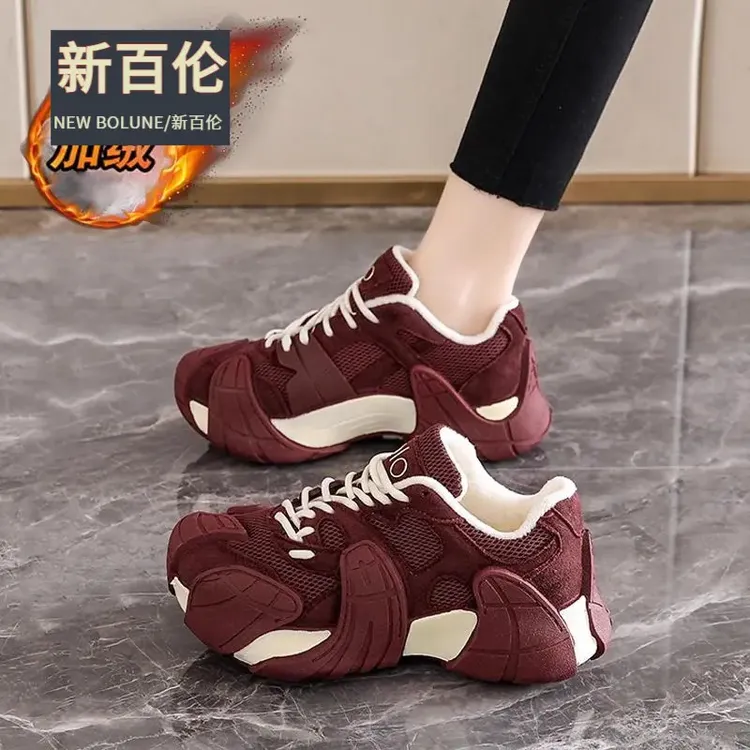 新百伦加绒女鞋2025新款冬季爆款八爪鱼老爹鞋薄绒二棉鞋厚底增高