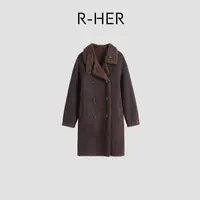 R-HER“双面两穿”绵羊毛麂皮两穿加厚老钱双排扣中长外套RW5NCBSD1
