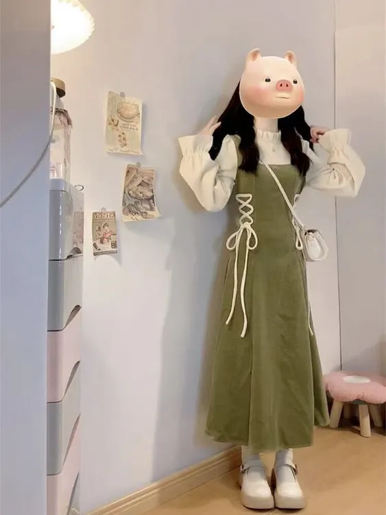 秋季新中式拼接假两件A字裙中国风设计感抽绳收腰连衣裙635271