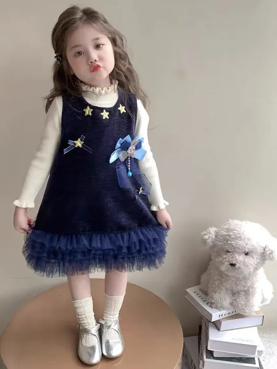 女童兔子背心连衣裙套装时髦宝宝秋季纱裙儿童春秋款长袖公主裙潮