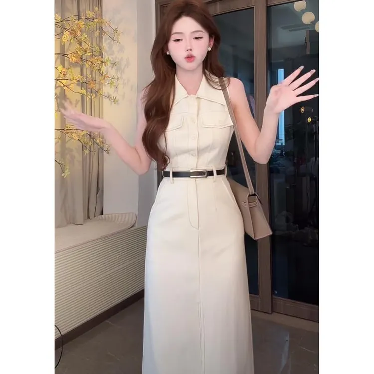 夏季新款法式小众收腰工装衬衫无袖连衣裙时尚洋气设计感高级穿搭