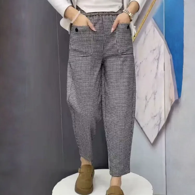 韩版爆款千鸟格休闲裤女2025高腰显瘦百搭哈伦九分老爹裤（裤长93）
