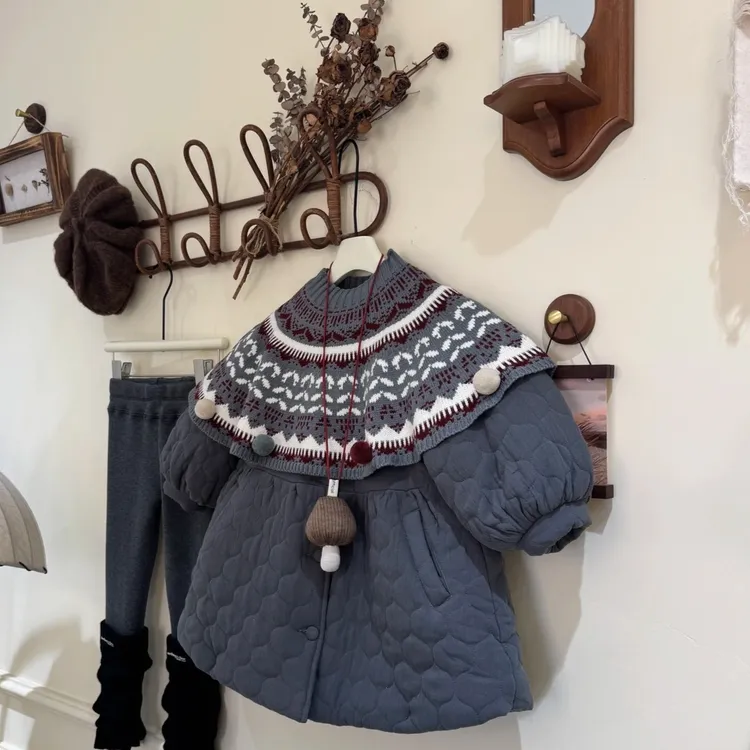 女童韩系棉服冬款2025新品韩版中小童加厚洋气保暖披肩中长款外套