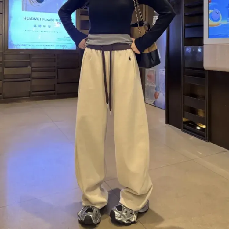 刺绣拼色高腰束脚两穿阔腿卫裤女一裤两穿阔腿拖地裤335