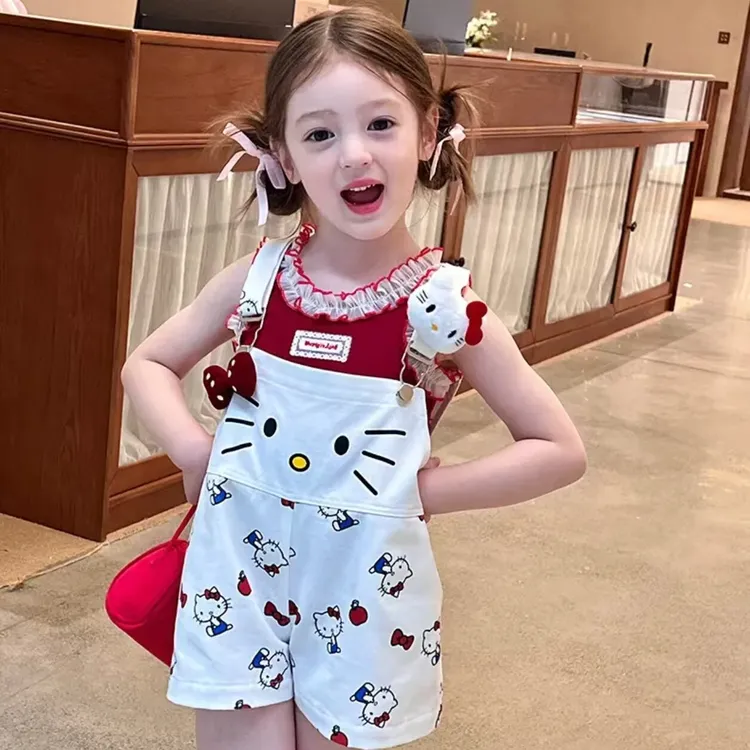 女童夏季套装2025新款儿童洋气HelloKitty背带裤小女孩两件套夏装