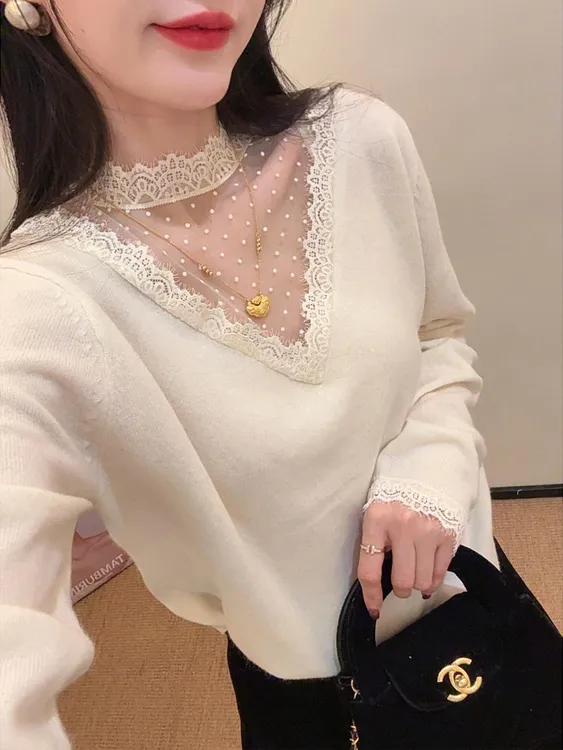 韩版百搭波点蕾丝拼接针织衫上衣2025秋冬小个子法式气质毛衣女装