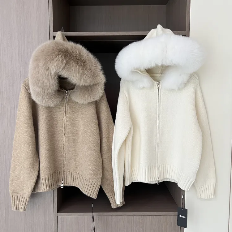 M900外套女2025年新款连帽短款美拉德春秋针织开衫小个子狐狸毛领