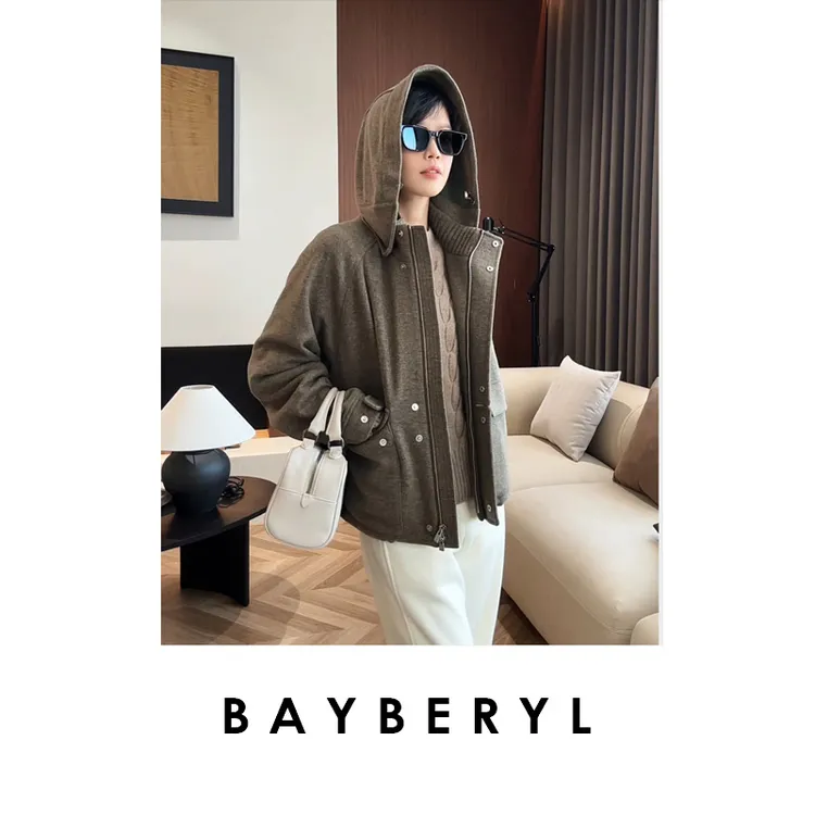 锁-BAYBERYL老贝1P高密杂色针织连帽百搭25秋外套MF5I0802-10/12