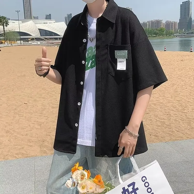 机能风衬衫短袖男士宽松大码潮流港风复古痞帅衬衣百搭外套情侣装