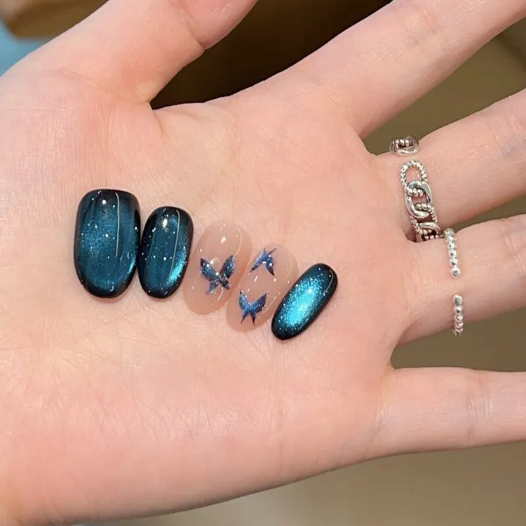 【蓝色妖姬】手绘蝴蝶结猫眼蓝色精灵手工穿戴甲款工具包纯手工