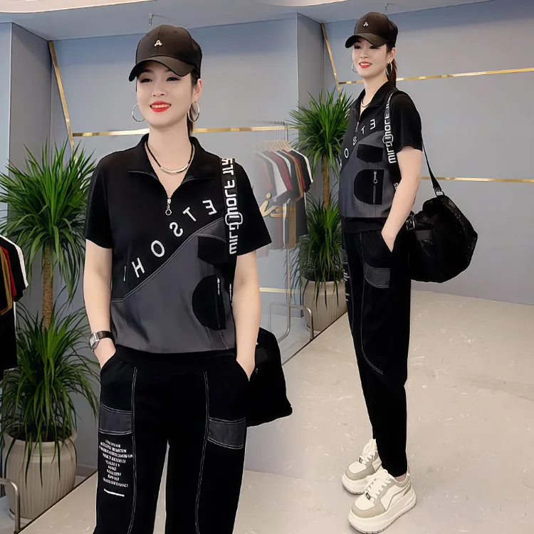 通勤风时尚简约运动服套装女2025年夏季新款遮肉上衣长裤两件套潮