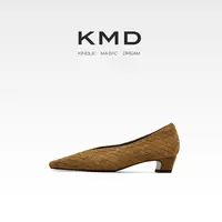 KMD 2025秋季新款方头四季通用编织透气拼接单鞋女士粗跟浅口女鞋