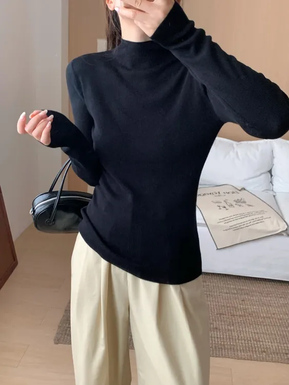 法式常规款耐磨慵懒风半高领打底针织修身毛衣套头百搭高质感A18