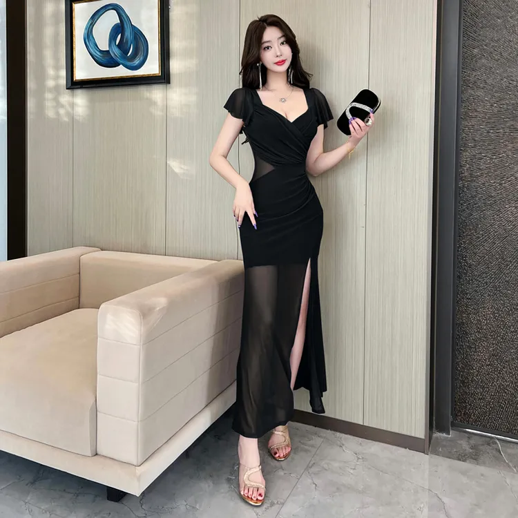 夜总店网纱低胸名媛气质开衩镂空长款连衣裙夜场店技师上班女装夏