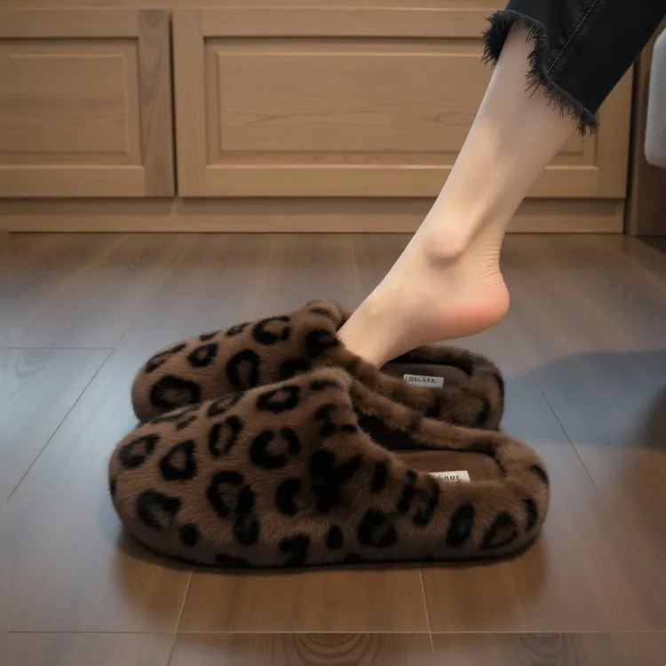 豹纹包头水貂绒毛毛鞋女冬外洋气保暖加绒懒人软底平底半拖棉拖鞋