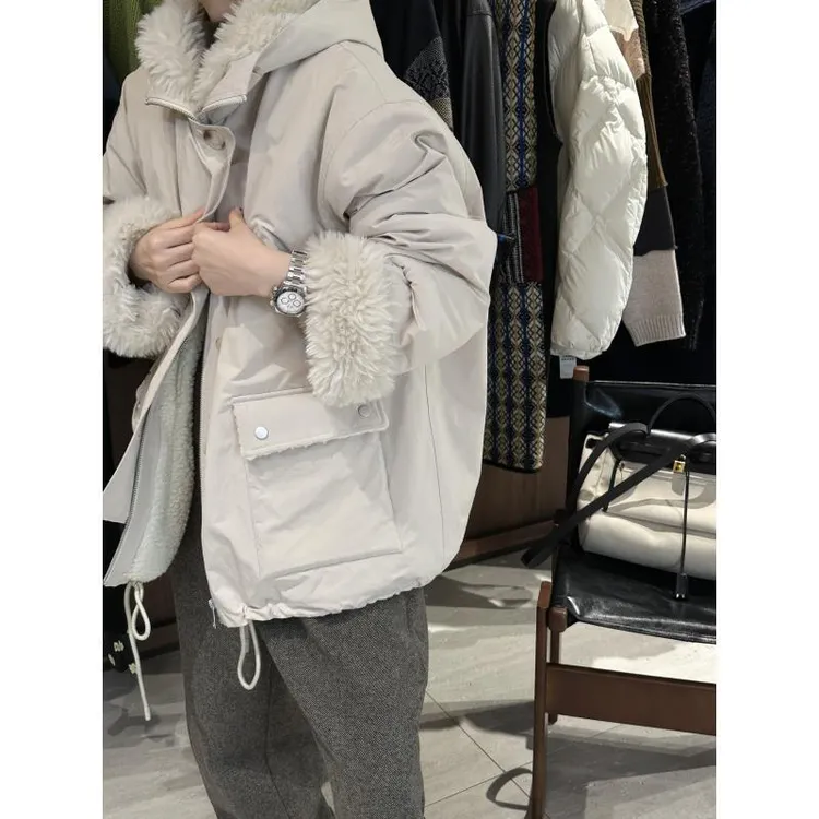 羊羔毛大毛领工装派克加厚连帽外套  J25WT665