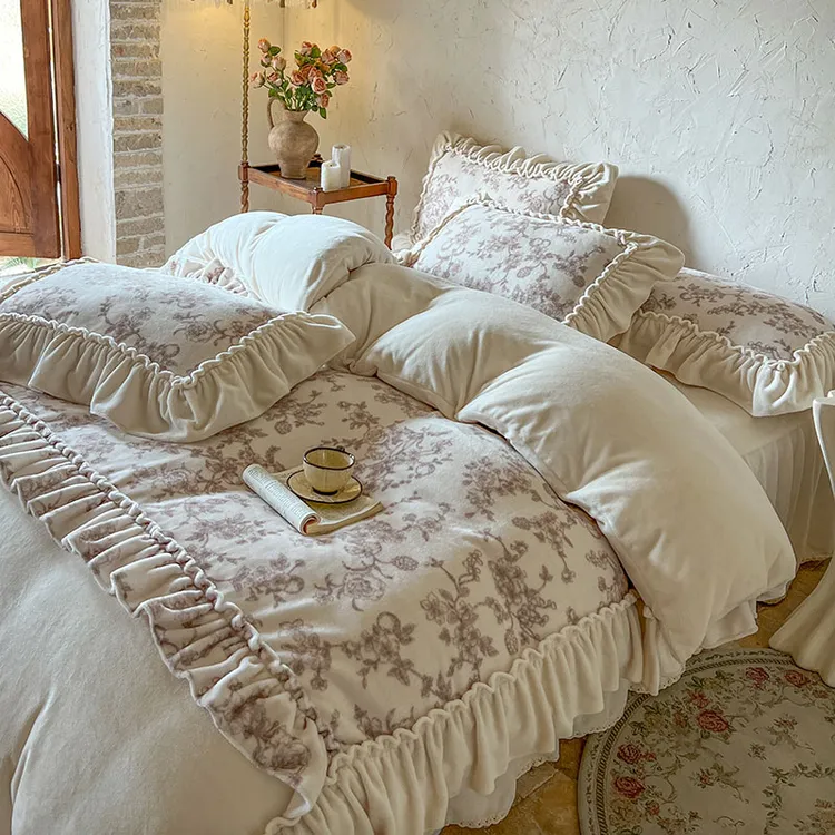 法式复古A类加厚牛奶绒床裙四件套亲肤保暖花边被套床单冬季床品