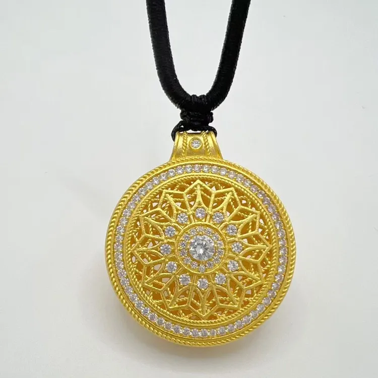 吊坠足银 足银镶钻八宝罗盘手工吊坠花丝镂空两面可