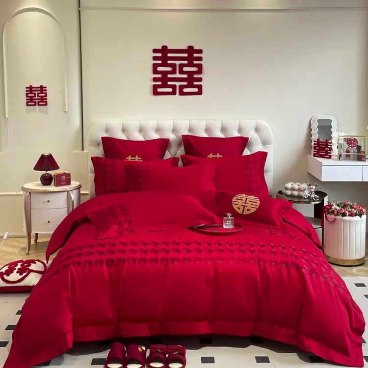 水星家纺中式龙凤刺绣全棉婚庆四件套大红纯棉结婚喜婚被联名优品