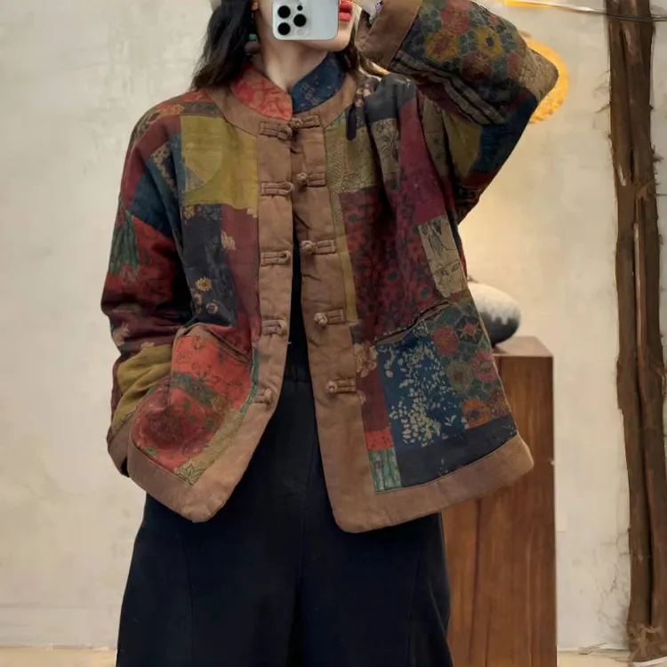 新中式复古炒色撞色加棉保暖民族风拼接棉袄棉衣女2025冬季新款