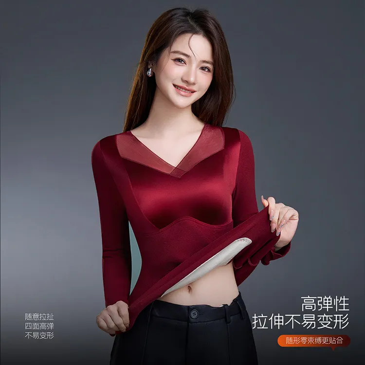 秋冬轻奢缎面网纱保暖上衣女无钢圈一体胸垫修身显瘦保暖长袖外穿