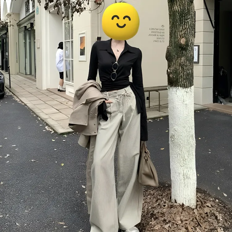 轻熟风休闲气质套装女2025春季新款交叉绑带上衣条纹阔腿裤两件套