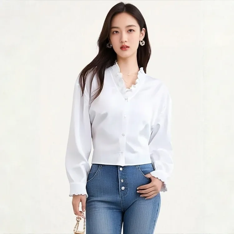 法式复古白色木耳边V领长袖衬衫女2025秋季新款时尚减龄显瘦上衣