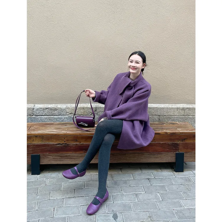 温柔风蝴蝶结系带毛呢外套女冬季新款宽松休闲百搭中长款呢子大衣