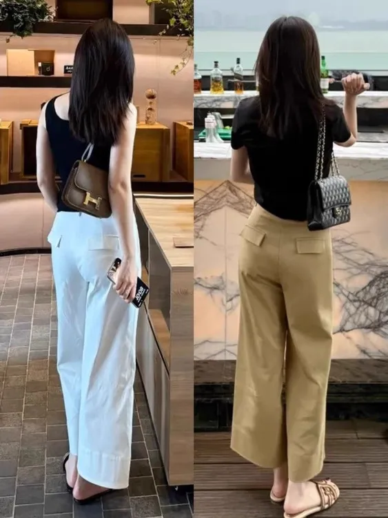 卡其色高腰直筒阔腿休闲裤女夏季2025新款宽松显瘦梨形身材九分裤