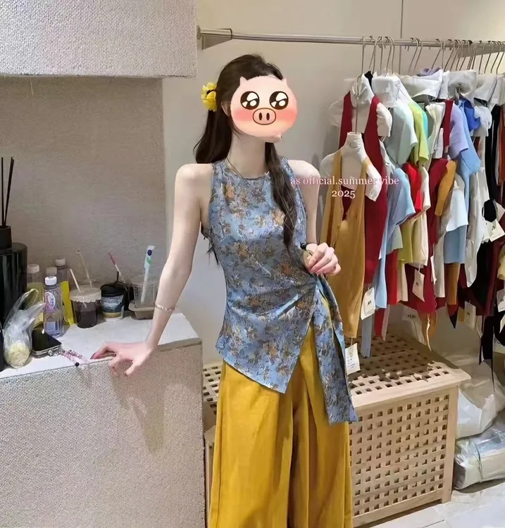 【两件套】法式蓝色碎花印花设计感系带无袖背心+高腰垂感阔腿裤夏