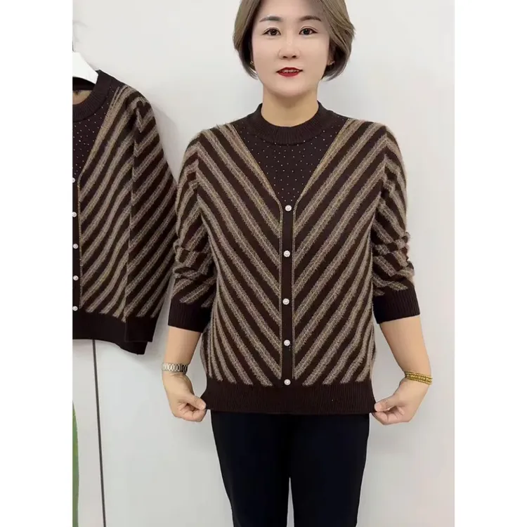 新款时尚妈妈条纹加绒加厚针织衫保暖上衣秋冬中老年宽松打底毛衣