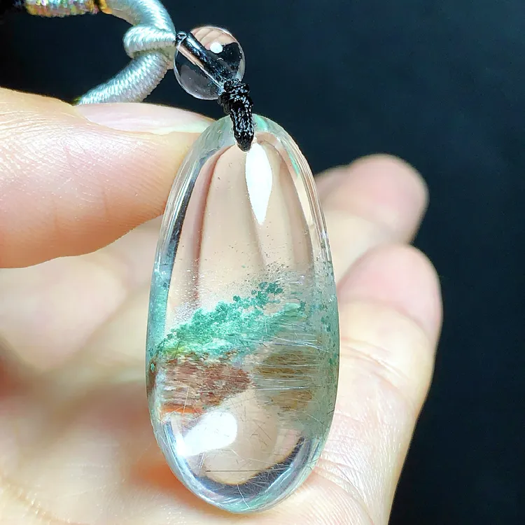 东海水晶天然发晶绿幽灵共生体水晶吊坠毛衣链项坠男女款聚宝盆
