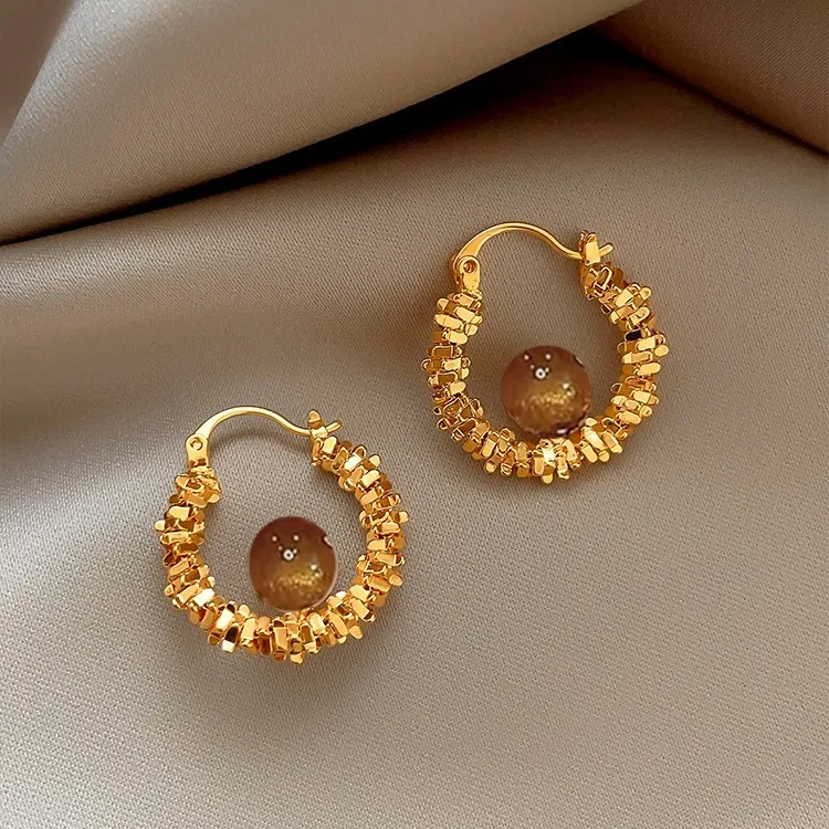铜合金耳饰 金色碎银虎眼石耳扣设计感高级轻奢精致耳环秋冬耳饰