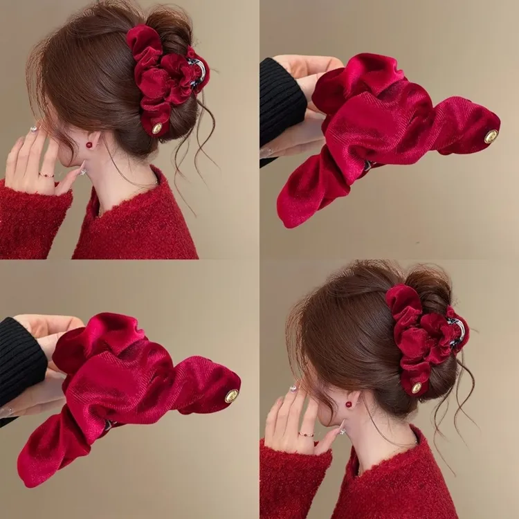 新年红色丝绒云朵抓夹2025新款鲨鱼夹秋冬款高级感发夹女后脑勺